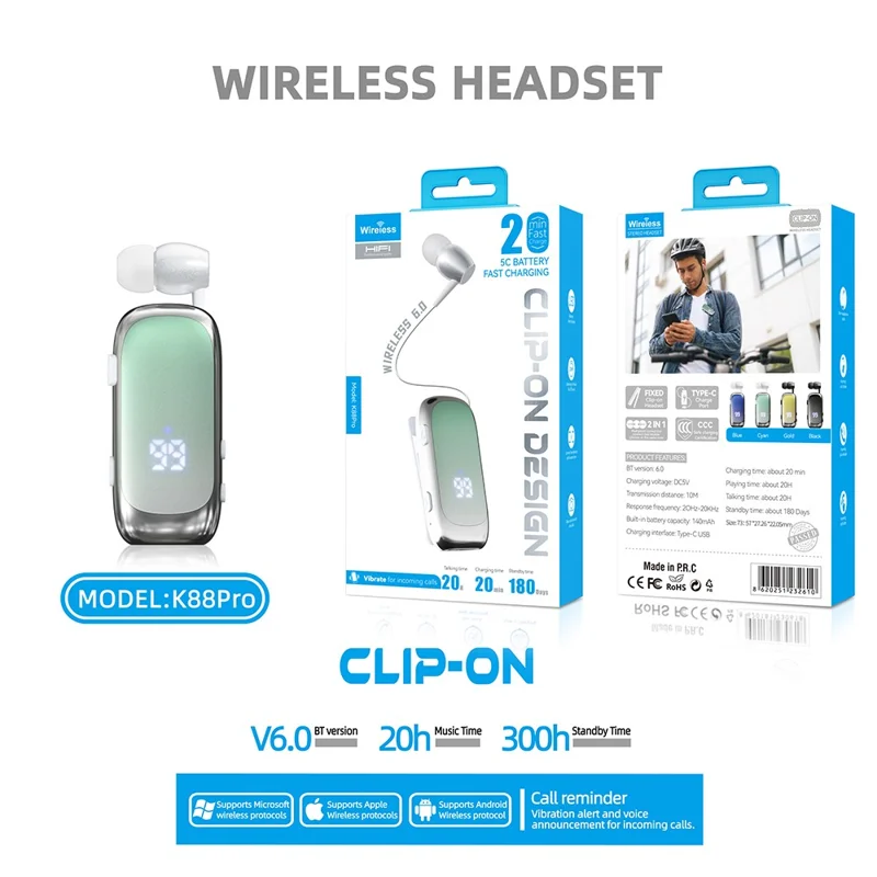 K88Pro Auriculares Inalámbricos con Clip, Pantalla Digital, Bluetooth 6.0, Auricular para Solapa de Negocios - Verde Degradado