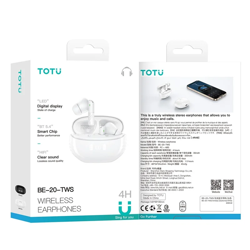 TOTU BE-20-TWS Drahtlose Ohrhörer Bluetooth-Compatible In-Ear-TWS-Ohrhörer mit LED-Digitalanzeige – Schwarz
