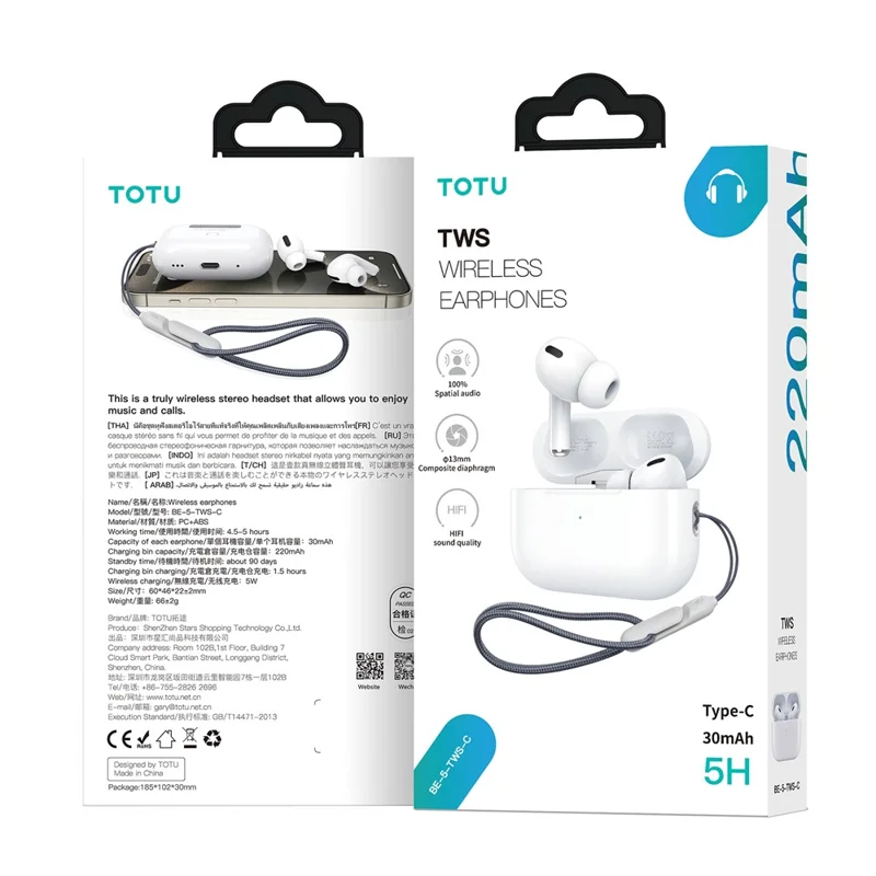 TOTU BE-5-TWS-C Écouteurs TWS Bluetooth Compatible Réduction de Bruit Écouteurs Sans Fil, Port Type-C - Blanc