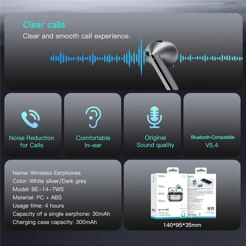 TOTU BE-14-TWS Kabellose Ohrhörer Bluetooth-kompatibel 5.4 HiFi-Stereo-Sound Ohrhörer – Dunkelgrau