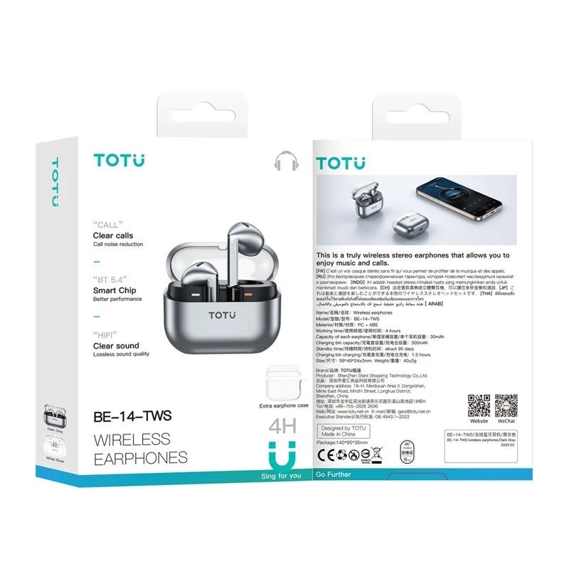 TOTU BE-14-TWS Kabellose Ohrhörer Bluetooth-kompatibel 5.4 HiFi-Stereo-Sound Ohrhörer – Dunkelgrau