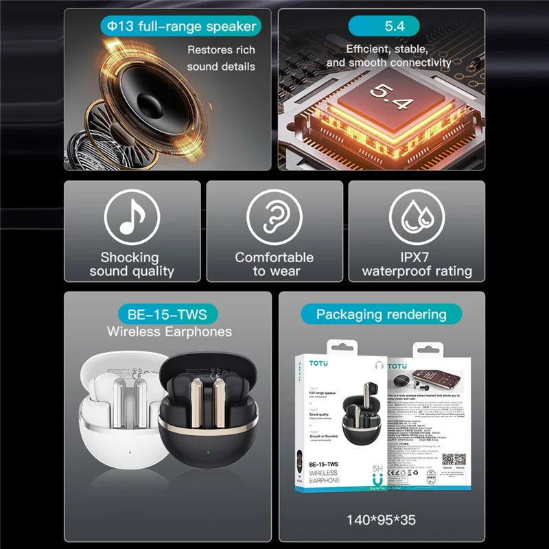 TOTU BE-15-TWS Bluetooth-Compatible TWS Earphones HiFi Sound IPX7 Waterproof Earbuds - Black