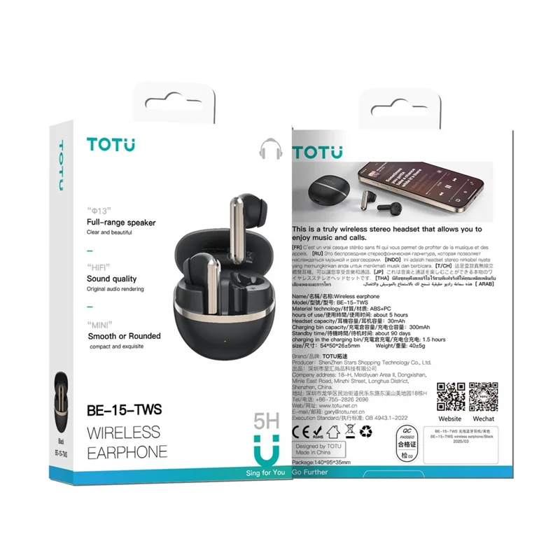 TOTU BE-15-TWS Bluetooth-Compatible TWS Earphones HiFi Sound IPX7 Waterproof Earbuds - Black