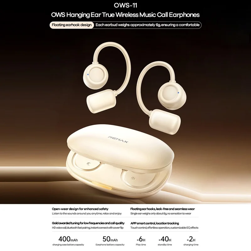 Наушники REMAX OWS-11 OWS с подвесным креплением, с шумоподавлением, сенсорным управлением, Bluetooth, спортивные наушники — черные