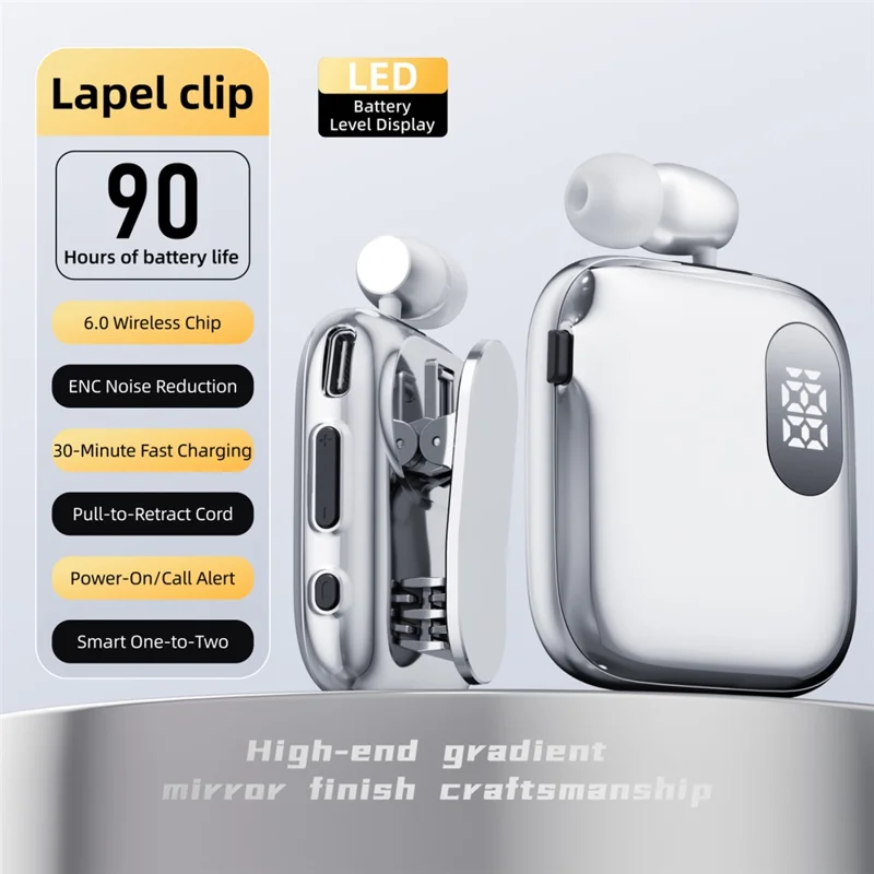 K91 Lapel Clip Bluetooth-compatible Earphone Dual Mic ENC Noise Cancelling Wireless Single Ear Earbud with Power Display - Silver