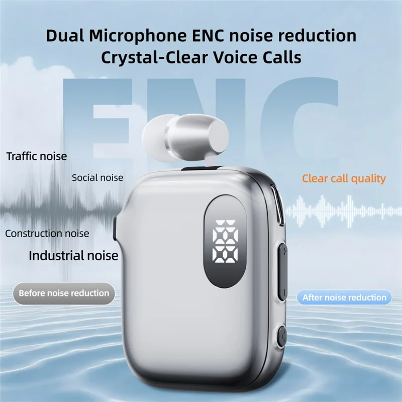 K91 Lapel Clip Bluetooth-compatible Earphone Dual Mic ENC Noise Cancelling Wireless Single Ear Earbud with Power Display - Silver