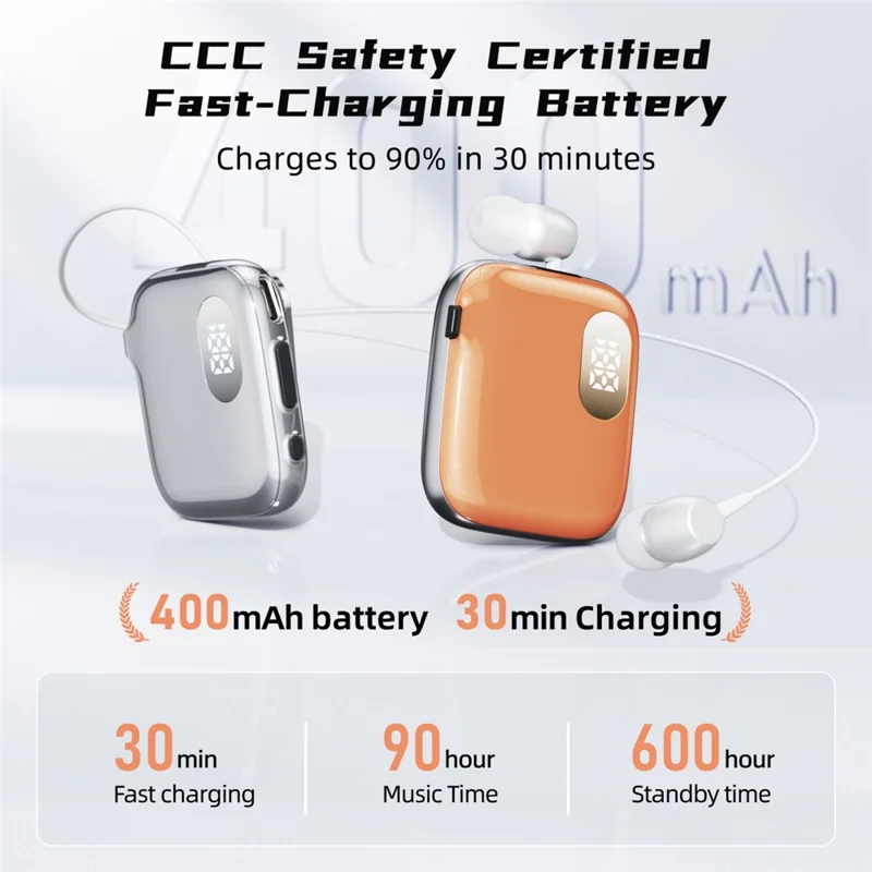 K91 Lapel Clip Bluetooth-compatible Earphone Dual Mic ENC Noise Cancelling Wireless Single Ear Earbud with Power Display - Silver