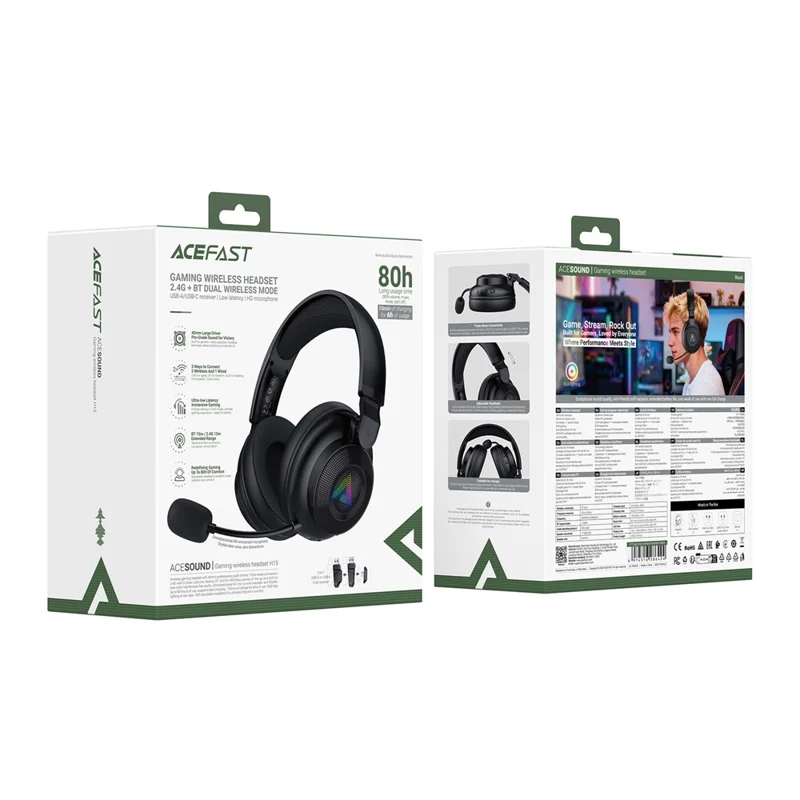 ACEFAST H15 Auriculares Inalámbricos para Juegos con Micrófono 2.4G Bluetooth Compatible RGB Luces Auriculares para Juegos