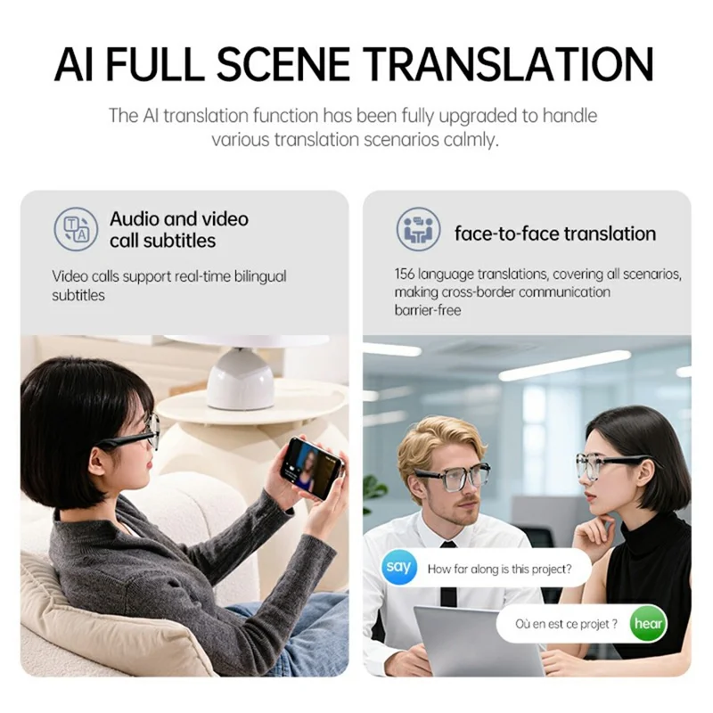 Smart AI Glasses Bluetooth-compatible 6.0 Audio Open Ear 156 Languages Real-time Translation Touch Control Eyeglasses for Driving Cycling