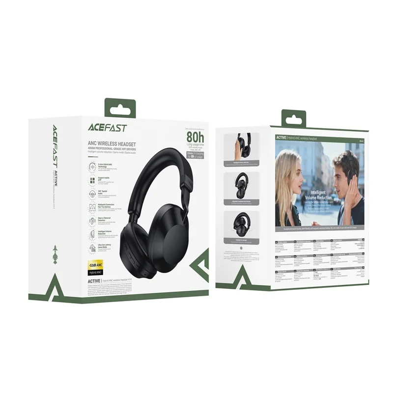 ACEFAST H14 Casque sans fil avec suppression active du bruit hybride, casque Bluetooth 6.0 pour jeux et musique - Noir