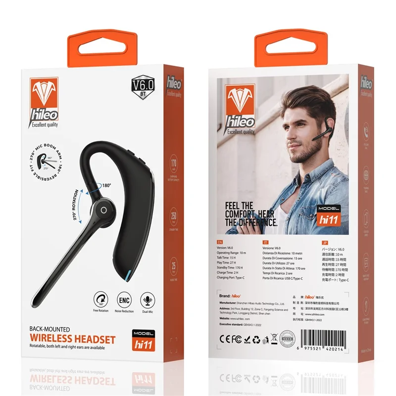 HILEO Hi11 Business Bluetooth-compatible Earphone Dual Microphones Noise Cancelling Hands-free Wireless Headset 