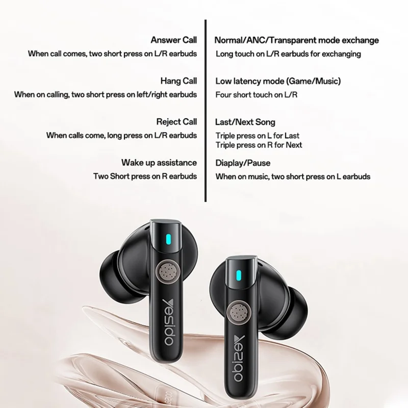 YESIDO TWS33 Bluetooth-compatible Earbuds ANC ENC Noise Cancelling Wireless Earphones for Gaming Music
