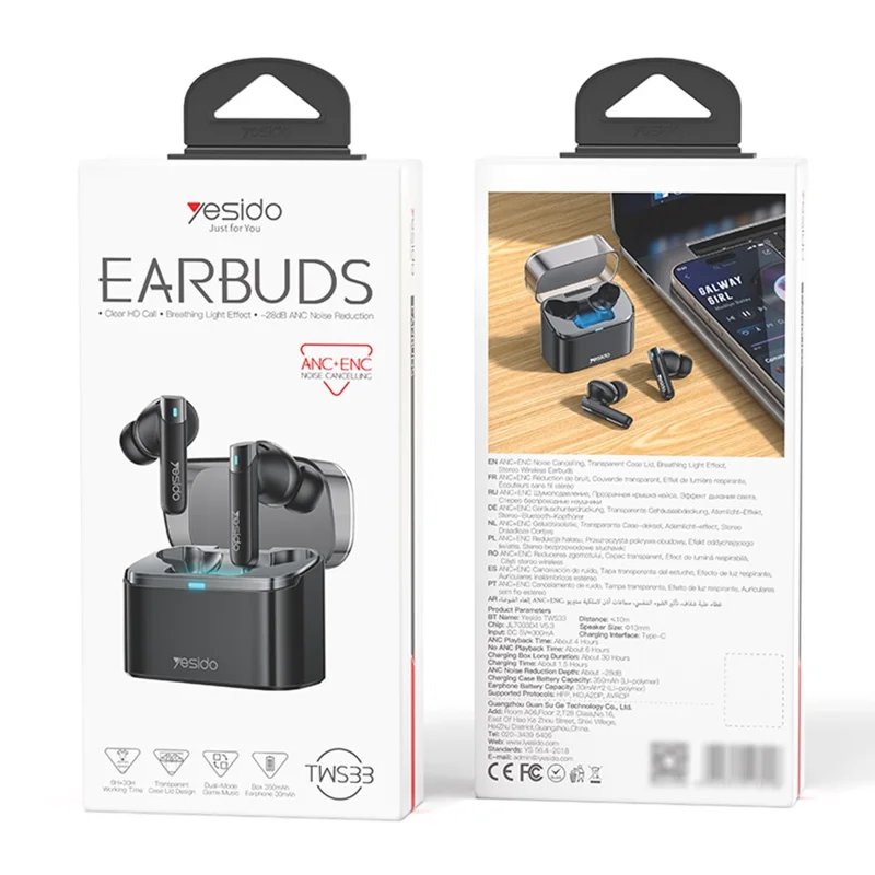 YESIDO TWS33 Bluetooth-compatible Earbuds ANC ENC Noise Cancelling Wireless Earphones for Gaming Music