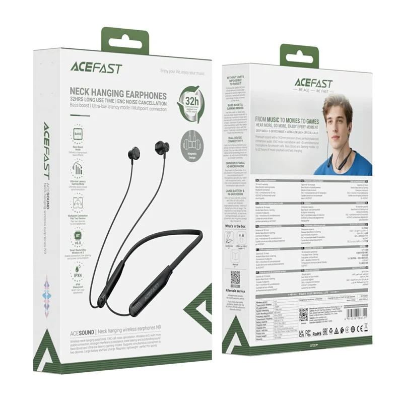 ACEFAST N9 Neck Hanging Wireless Earphone Bluetooth-compatible 6.0 IPX4 Waterproof ENC Earbud for Sports Gaming - Black