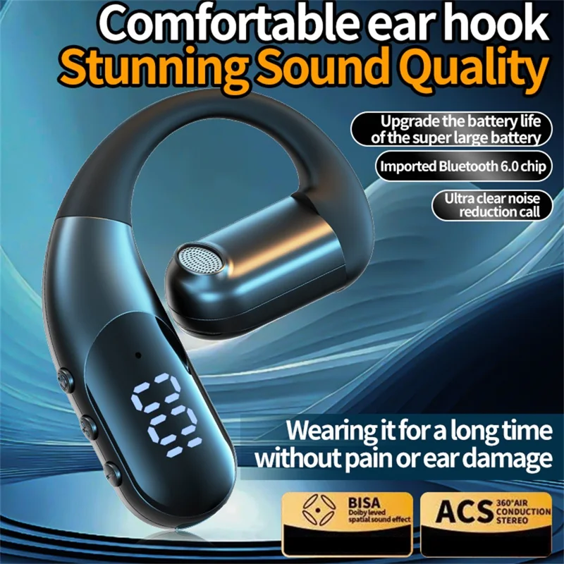 Auricolare Bluetooth 6.0 con Gancio per l'Orecchio, Auricolare Aperto Girevole di 180° con Display LED, per Sport e Corsa - Blu