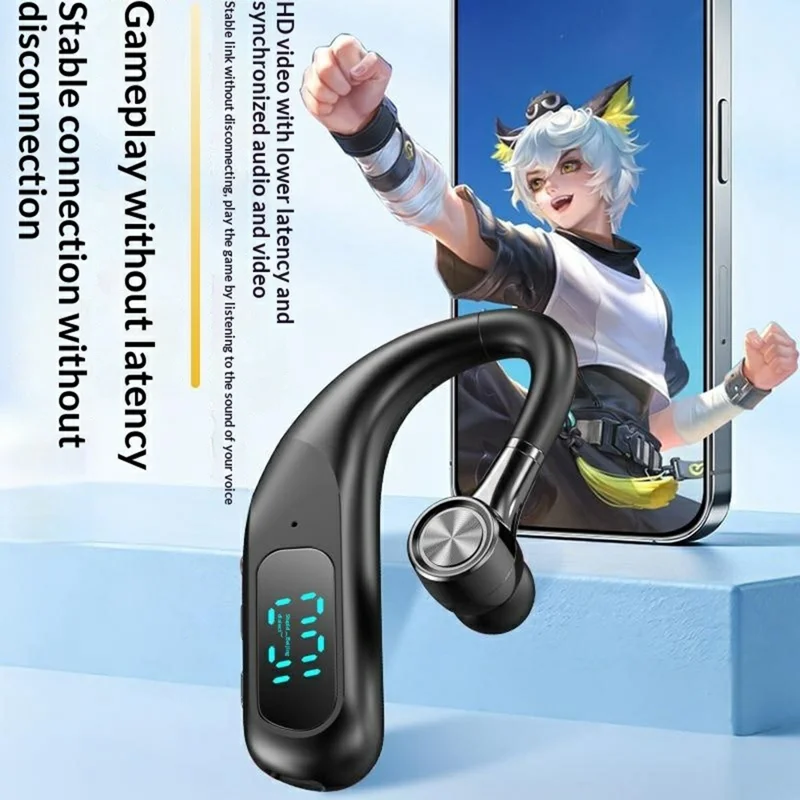 Enkelt øre Bluetooth 6.0 ørekløerhovedtelefon med LED-display, støjreducerende trådløs forretnings- og sportsheadset - Sort