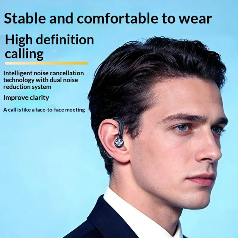 Enkelt øre Bluetooth 6.0 ørekløerhovedtelefon med LED-display, støjreducerende trådløs forretnings- og sportsheadset - Sort