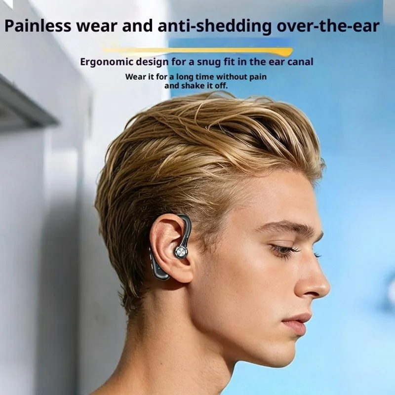 Enkelt øre Bluetooth 6.0 ørekløerhovedtelefon med LED-display, støjreducerende trådløs forretnings- og sportsheadset - Sort