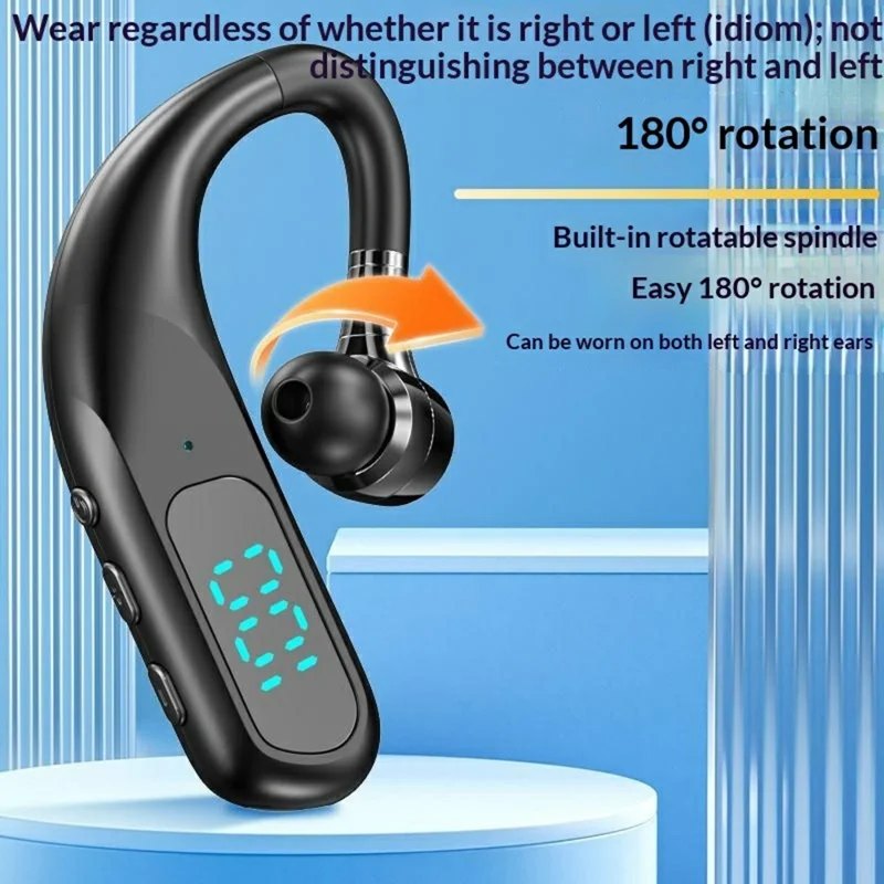 Enkelt øre Bluetooth 6.0 ørekløerhovedtelefon med LED-display, støjreducerende trådløs forretnings- og sportsheadset - Sort