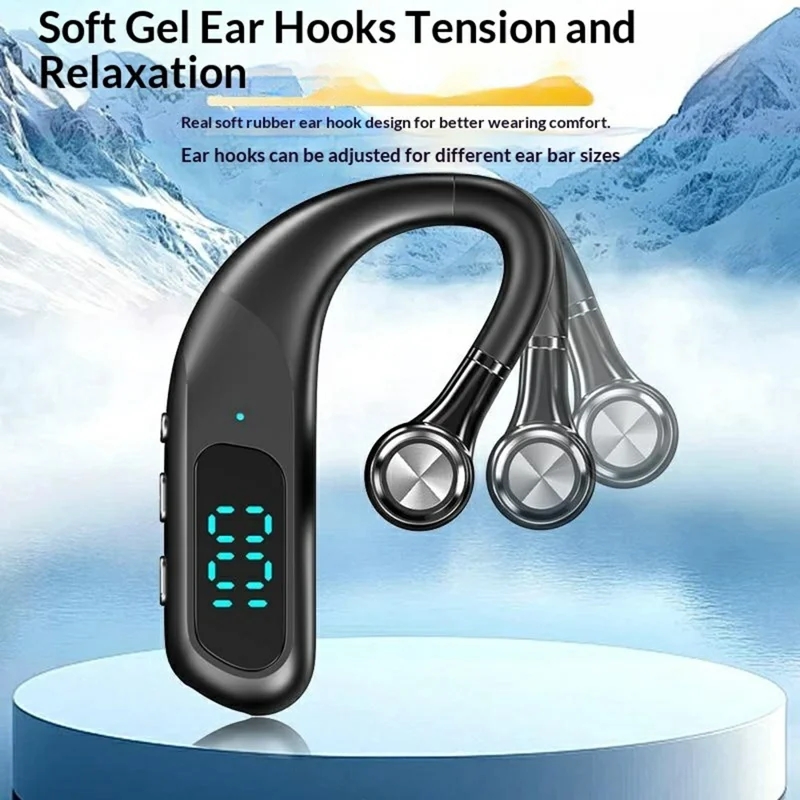 Enkelt øre Bluetooth 6.0 ørekløerhovedtelefon med LED-display, støjreducerende trådløs forretnings- og sportsheadset - Sort