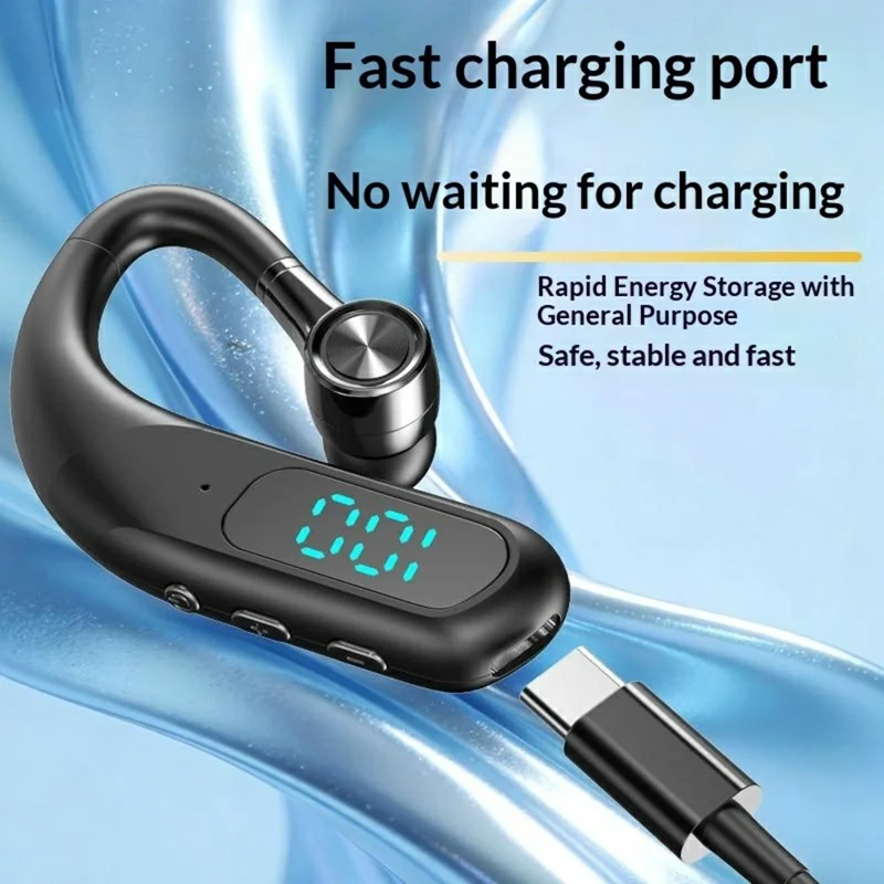 Enkelt øre Bluetooth 6.0 ørekløerhovedtelefon med LED-display, støjreducerende trådløs forretnings- og sportsheadset - Sort