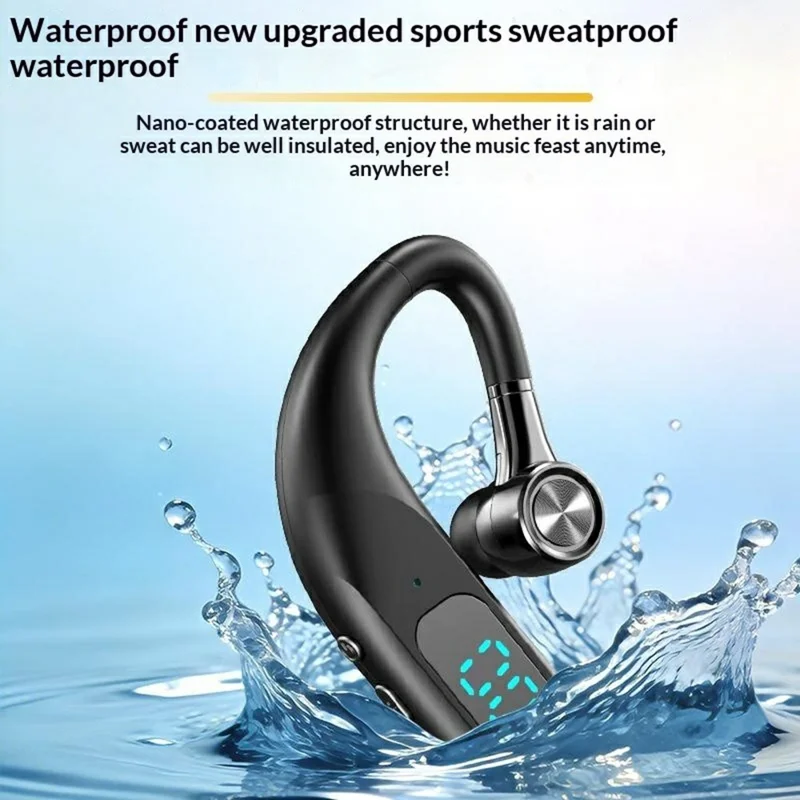 Enkelt øre Bluetooth 6.0 ørekløerhovedtelefon med LED-display, støjreducerende trådløs forretnings- og sportsheadset - Sort