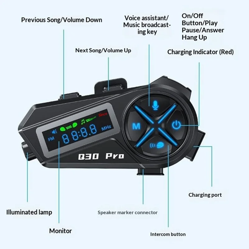 Q30 Pro Kask motocyklowy z twardym mikrofonem, zestawem głośnomówiącym Bluetooth 1000 mAh, wyświetlaczem LED, kaskowym zestawem słuchawkowym odpornym na wodę IP56 – Czarny