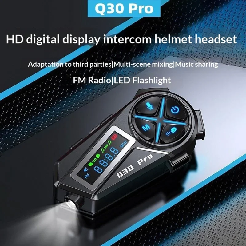 Q30 Pro Kask motocyklowy z twardym mikrofonem, zestawem głośnomówiącym Bluetooth 1000 mAh, wyświetlaczem LED, kaskowym zestawem słuchawkowym odpornym na wodę IP56 – Czarny