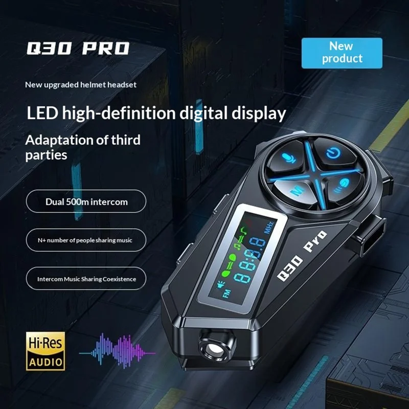 Q30 Pro Kask motocyklowy z twardym mikrofonem, zestawem głośnomówiącym Bluetooth 1000 mAh, wyświetlaczem LED, kaskowym zestawem słuchawkowym odpornym na wodę IP56 – Czarny