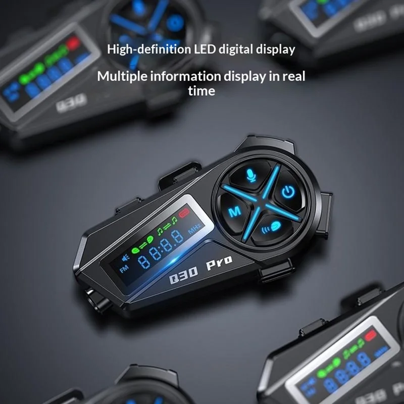 Q30 Pro Kask motocyklowy z twardym mikrofonem, zestawem głośnomówiącym Bluetooth 1000 mAh, wyświetlaczem LED, kaskowym zestawem słuchawkowym odpornym na wodę IP56 – Czarny