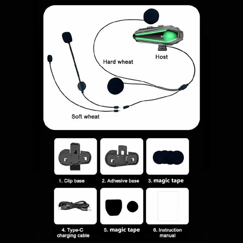 S7 Helmet Bluetooth-compatible Headset Soft Microphone IP67 Waterproof Noise Cancelling Motorcycle Intercom Earphone for Riding (No Memory Card)- Black