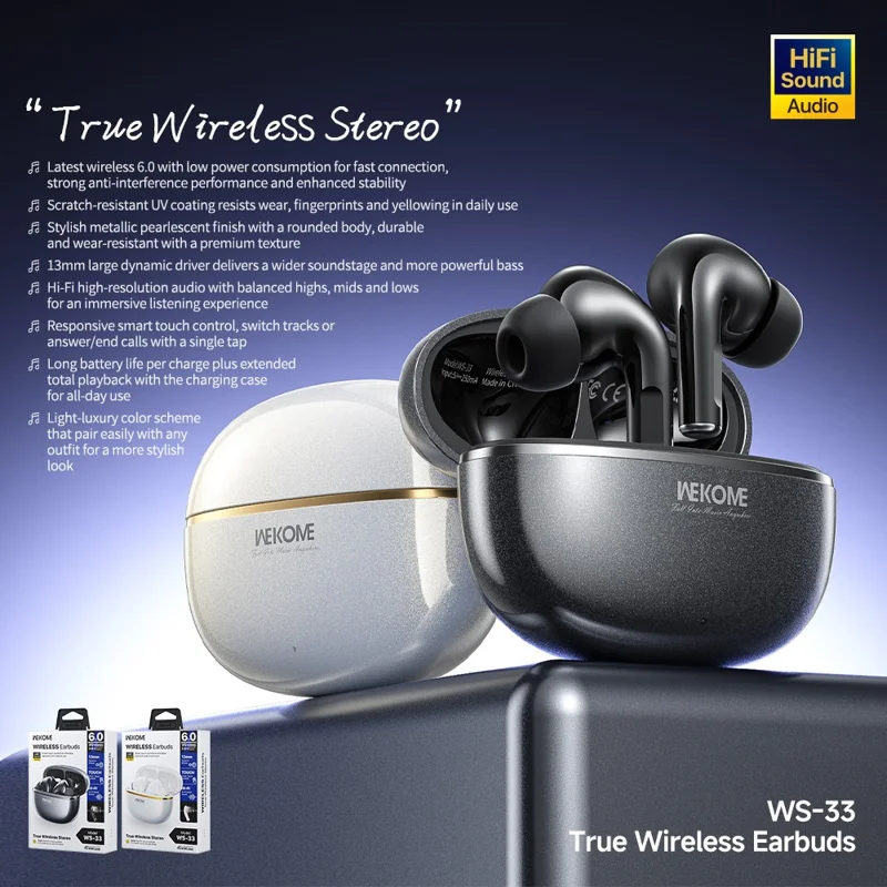 WEKOME WS-33 Wireless Bluetooth-compatible Earbuds 13mm Drivers Hi-Fi Audio Touch Control In-Ear Earphones for Music - Black