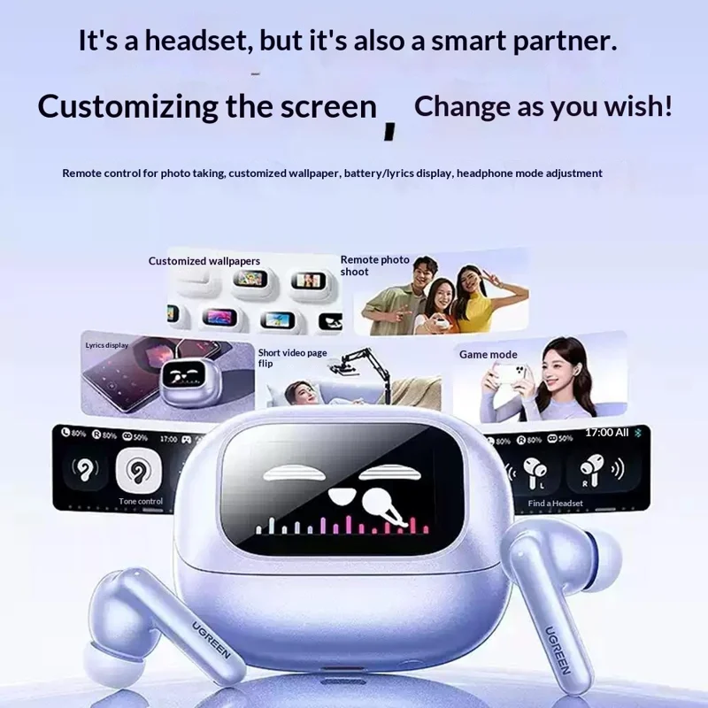 UGREEN WS211 HiTune T6 Magic In-Ear Bluetooth-compatible Earbuds ANC ENC Noise Cancelling Smart Touch Screen Headset for Gaming Sports - White