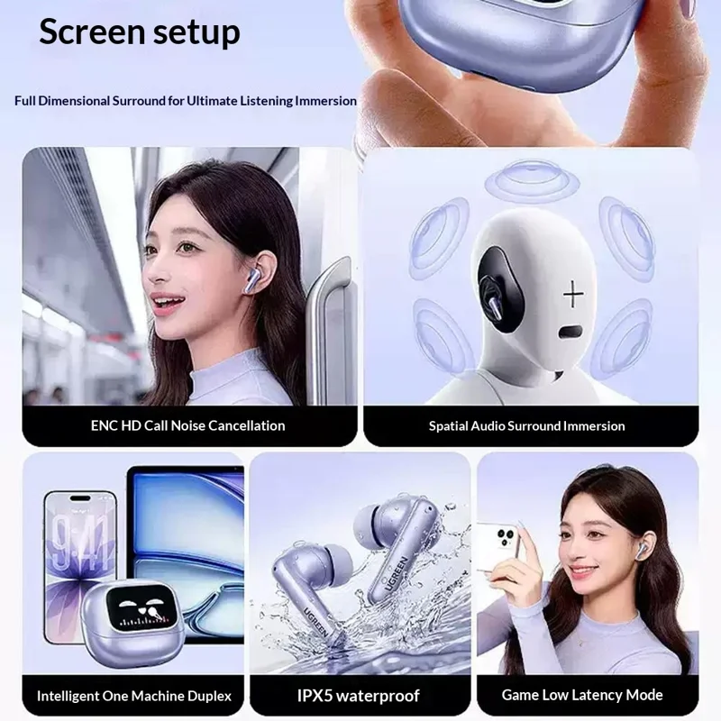 UGREEN WS211 HiTune T6 Magic In-Ear Bluetooth-compatible Earbuds ANC ENC Noise Cancelling Smart Touch Screen Headset for Gaming Sports - White