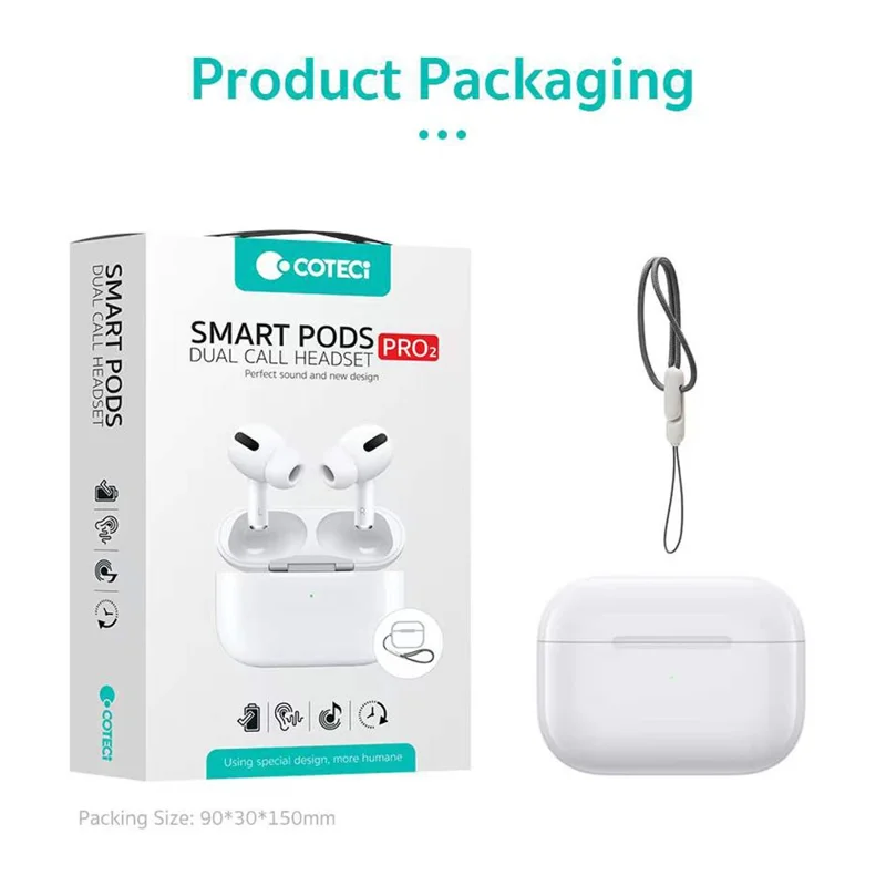 COTECI Smart Pods Pro2 TWS Bluetooth-compatible Earbuds Noise Cancelling USB-C Charging Earphones for Music - White