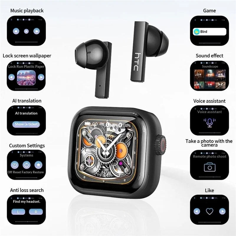 HTC NE40 134 Languages AI Translation Earbuds Noise Cancellation Bluetooth-compatible 6.0 Earbuds with 2.0 Inch HD Screen Charging Case - Black