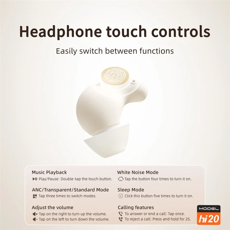 HILEO Hi20 Écouteurs pour le sommeil avec bruit blanc, écouteurs TWS Bluetooth avec annulation active du bruit - Noir