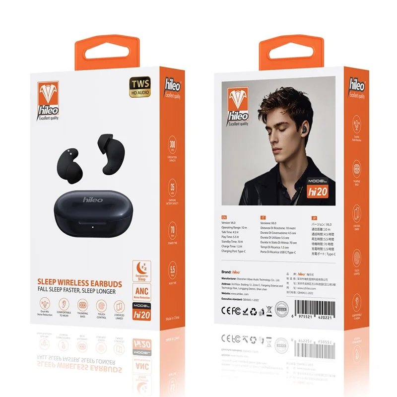 HILEO Hi20 Écouteurs pour le sommeil avec bruit blanc, écouteurs TWS Bluetooth avec annulation active du bruit - Noir