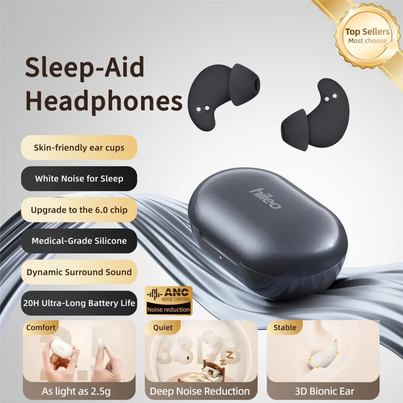 HILEO Hi20 Écouteurs pour le sommeil avec bruit blanc, écouteurs TWS Bluetooth avec annulation active du bruit - Noir