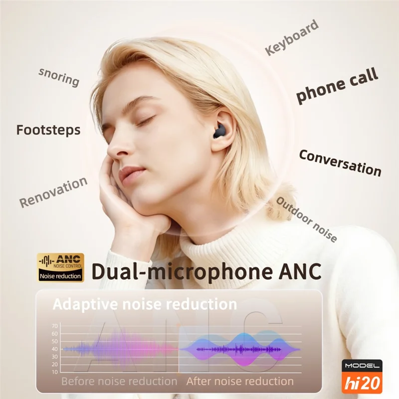 HILEO Hi20 Écouteurs pour le sommeil avec bruit blanc, écouteurs TWS Bluetooth avec annulation active du bruit - Noir