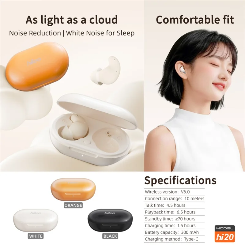 HILEO Hi20 Écouteurs pour le sommeil avec bruit blanc, écouteurs TWS Bluetooth avec annulation active du bruit - Noir