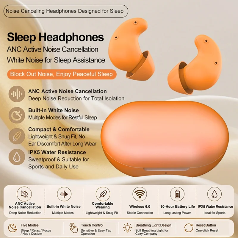 S1 Cuffie per il Sonno con Rumore Bianco, Cancellazione Attiva del Rumore ANC, Impermeabili IPX5, Cuffie Bluetooth - Arancione