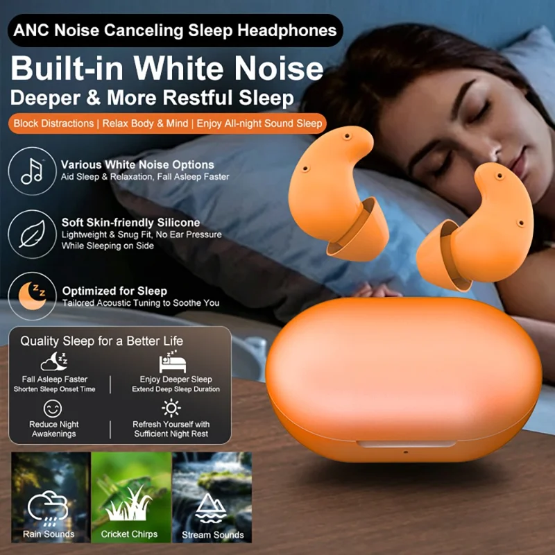 S1 Cuffie per il Sonno con Rumore Bianco, Cancellazione Attiva del Rumore ANC, Impermeabili IPX5, Cuffie Bluetooth - Arancione