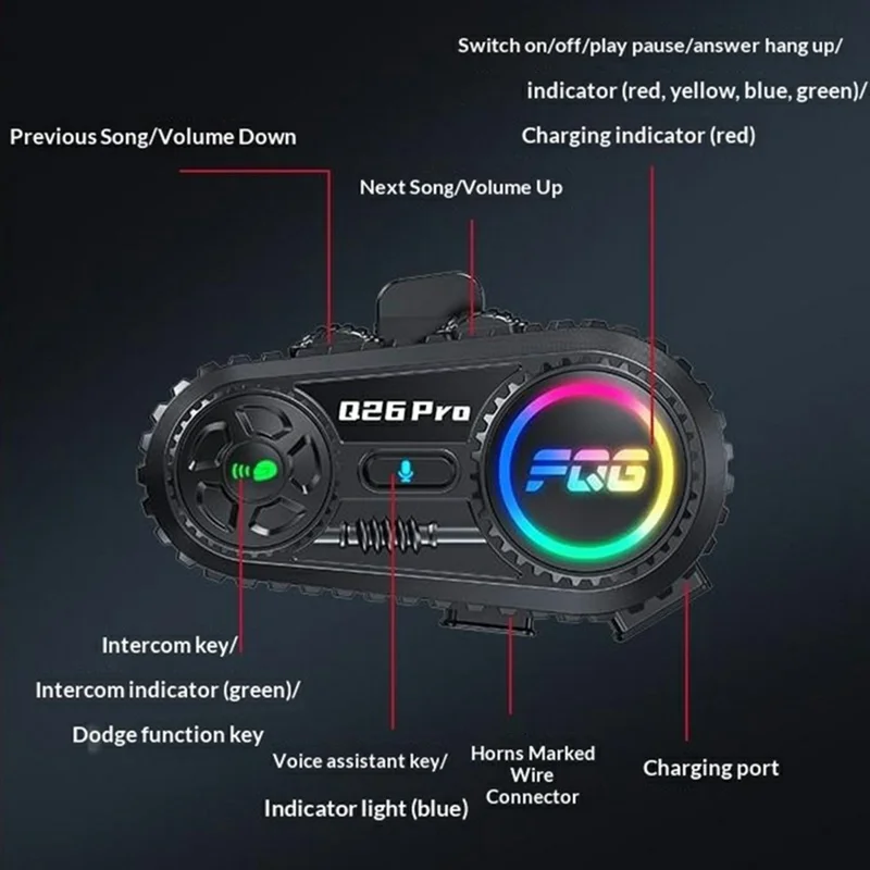 Q26 Pro Helmet Bluetooth-compatible Intercom Headset with Soft Mic 500m Range Noise Reduction Waterproof Earphone for Motorcycle (No Memory Card) - Black