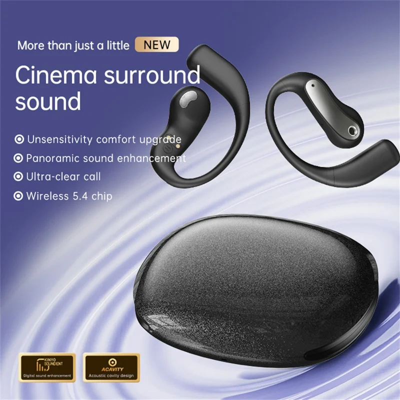 Bluetooth-compatible 5.4 Ear Hook Earbuds LED Display AI Translation Open-Ear Headphones for Business Sports - Black
