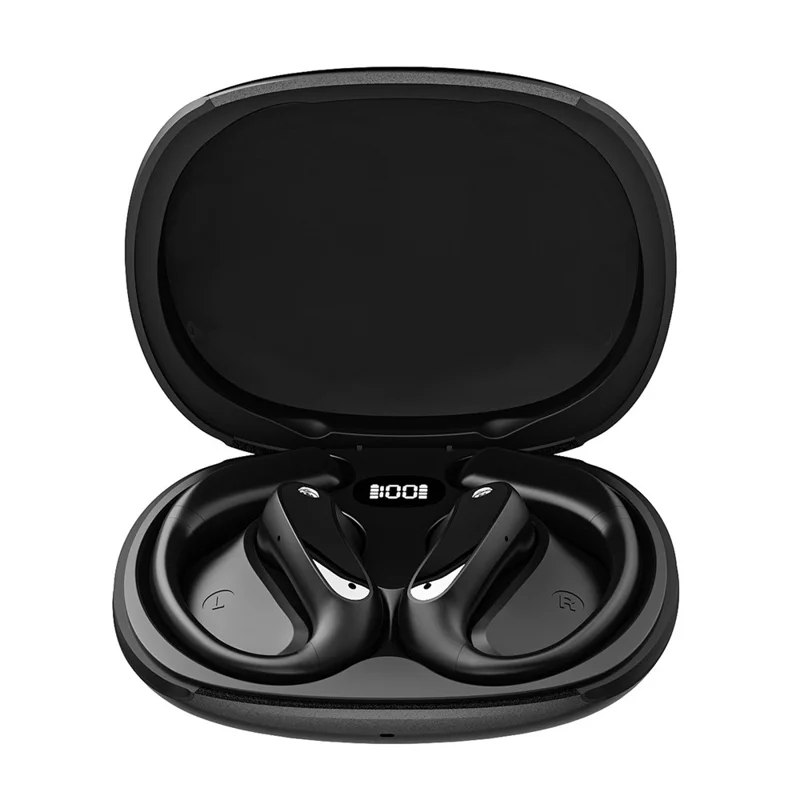 Bluetooth-compatible 5.4 Ear Hook Earbuds LED Display AI Translation Open-Ear Headphones for Business Sports - Black