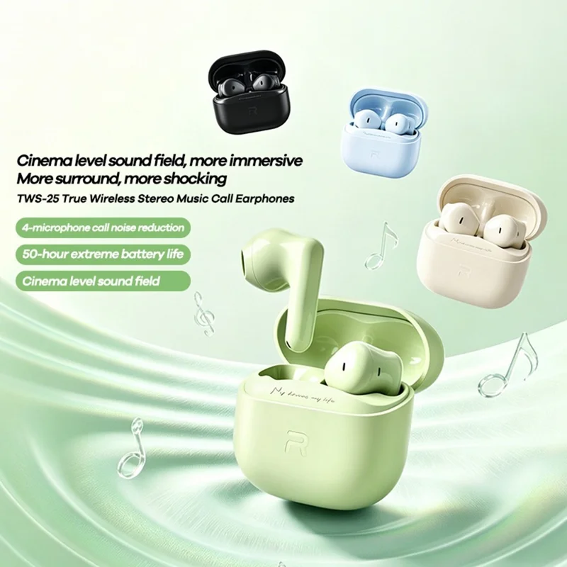 REMAX TWS-25 Wireless Stereo Semi-In-Ear Earbuds Bluetooth-compatible 6.0 4-Mic ENC Noise Cancelling Headset - Green