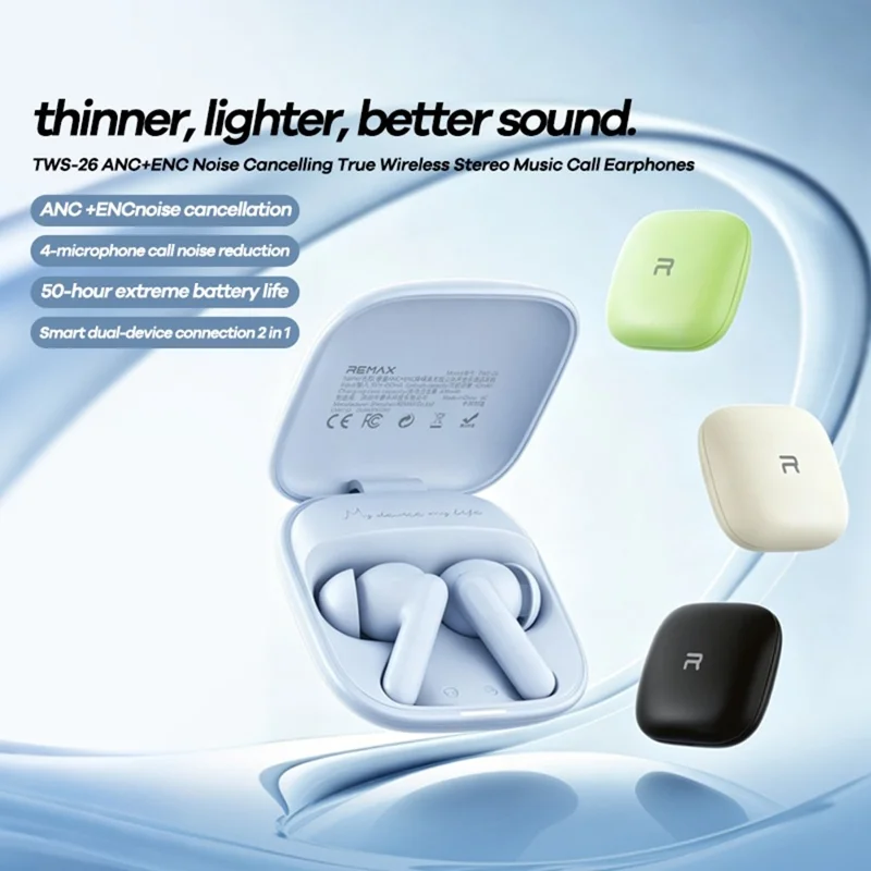 REMAX TWS-26 ANC ENC Noise Cancelling Wireless Earbuds 50H Battery 4-Mic Dual Device Connection Music Call Headset - Ivory White