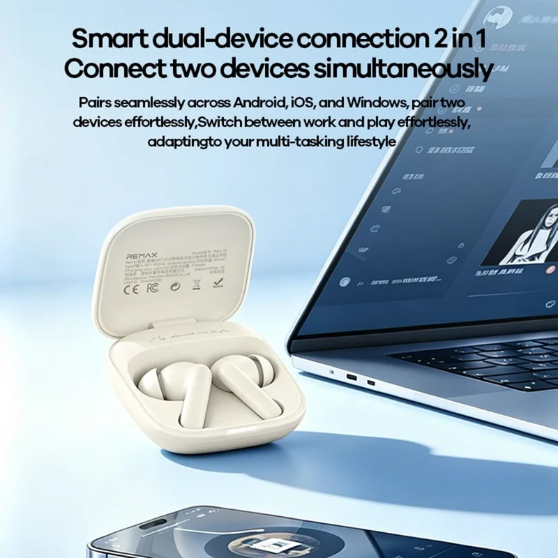 REMAX TWS-26 ANC ENC Noise Cancelling Wireless Earbuds 50H Battery 4-Mic Dual Device Connection Music Call Headset - Ivory White