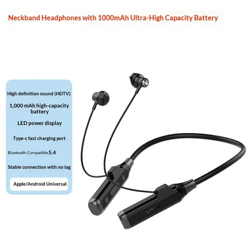 LDNIO N05 Neckband Bluetooth-compatible Semi-In-Ear Earphones 1000mAh Battery LED Display Type-C Fast Charging Wireless Headset - Black